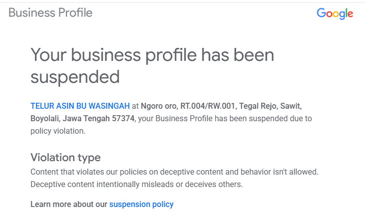 Email pemberitahuan listing google bisnis di suspend
